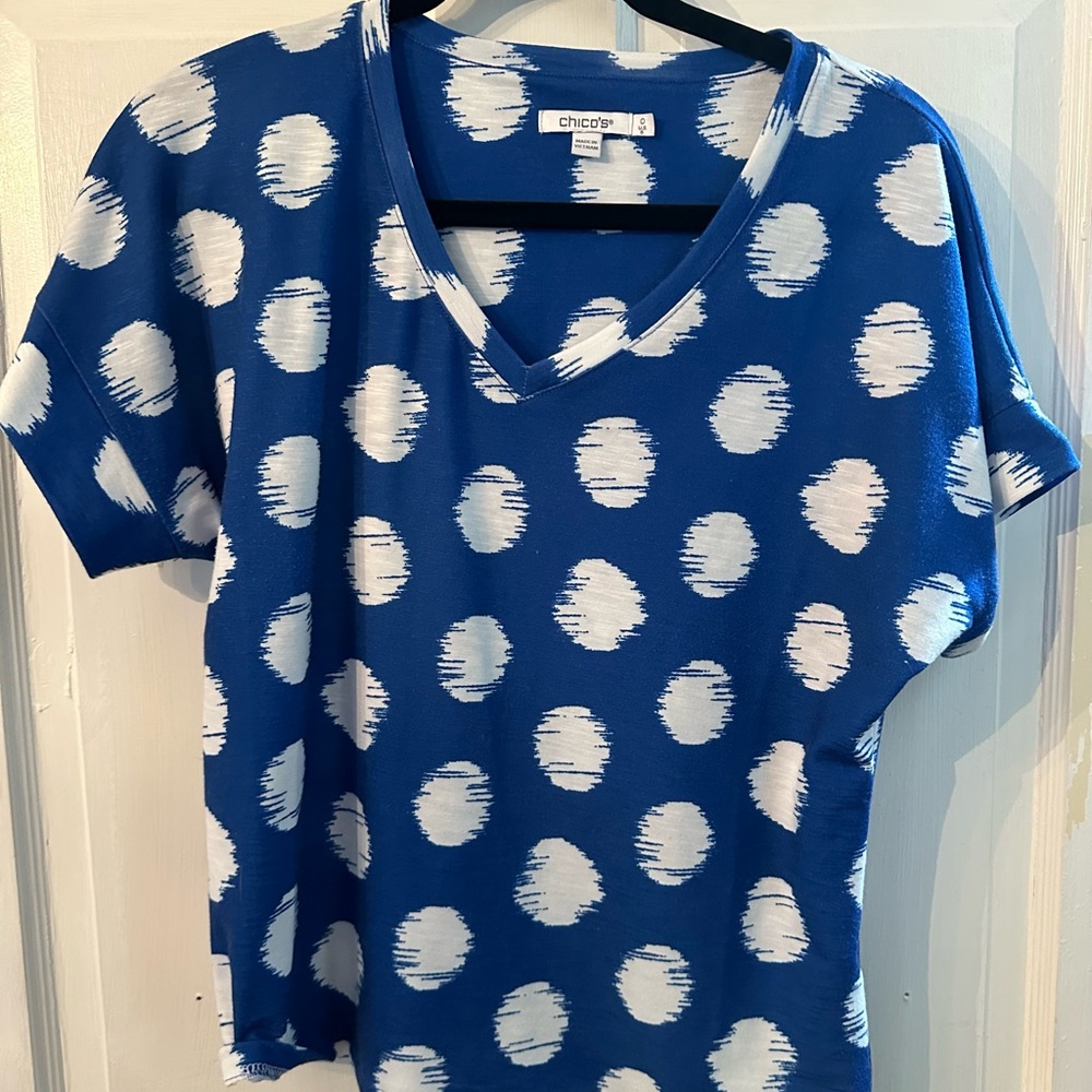 Chico's Navy and White Patterned Short Sleeve Top